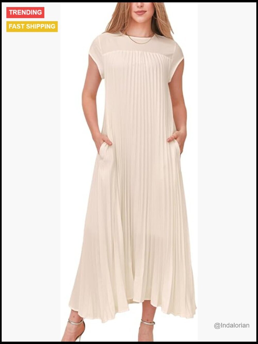 Flowy Pleated Maxi Dress with Pockets Short Sleeve Crewneck A-Line Swing